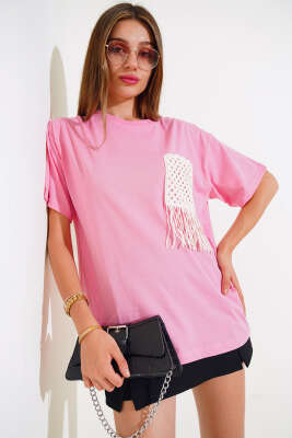 Cep Saçaklı T-shirt Pembe - Kadın Giyim Modelleri
