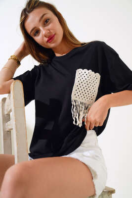 Cep Saçaklı T-shirt Siyah - ADYES