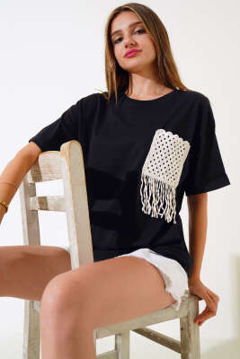 Cep Saçaklı T-shirt Siyah - Kadın Giyim Modelleri