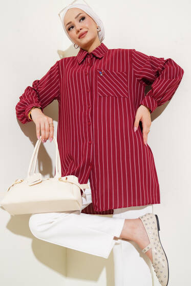 Cep Taş Detaylı Çizgili Gömlek Bordo - Gömlek
