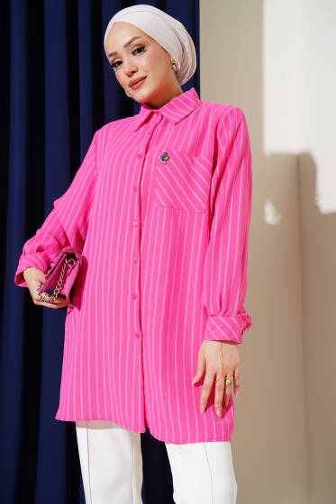 Cep Taş Detaylı Çizgili Gömlek Fuşya - Gömlek