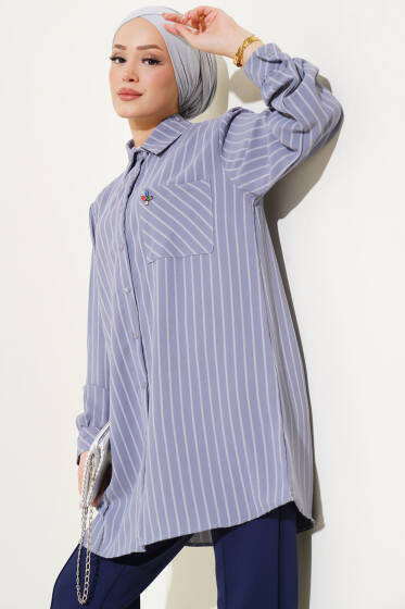 Cep Taş Detaylı Çizgili Gömlek Gri - Gömlek