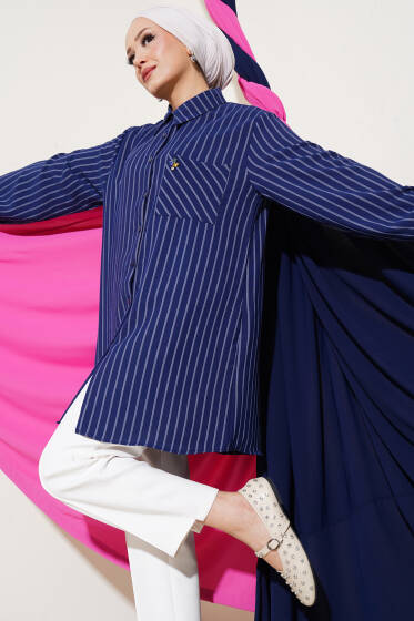 Cep Taş Detaylı Çizgili Gömlek Lacivert - Gömlek