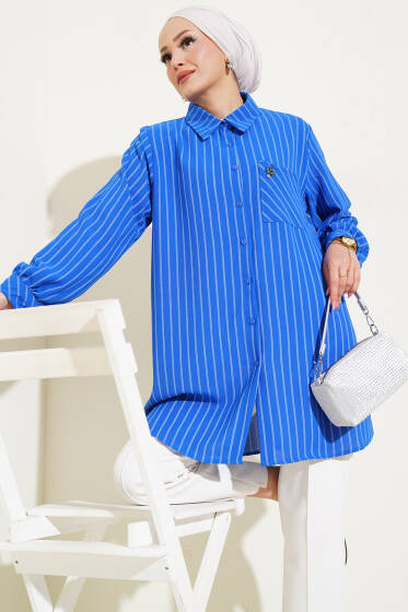 Cep Taş Detaylı Çizgili Gömlek Saks - Gömlek