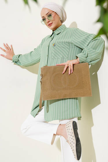 Cep Taş Detaylı Çizgili Gömlek Yeşil - Gömlek
