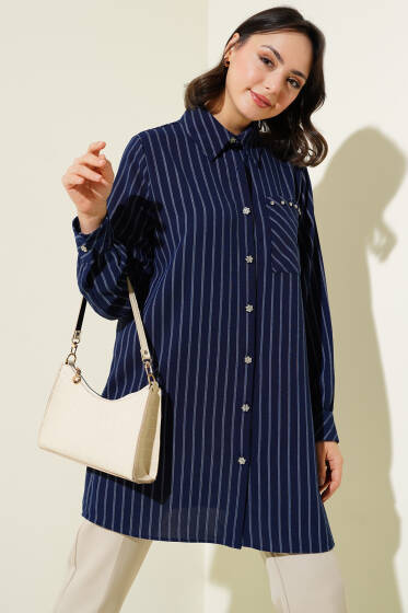 Cep Taşlı Çizgili Gömlek Lacivert - Gömlek