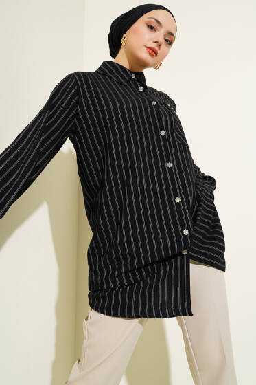 Cep Taşlı Çizgili Gömlek Siyah - Gömlek