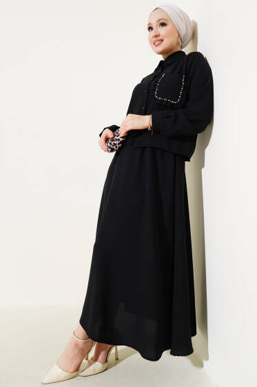 Cep Taşlı Fırfırlı Etekli İkili Takım Siyah - İkili Takım