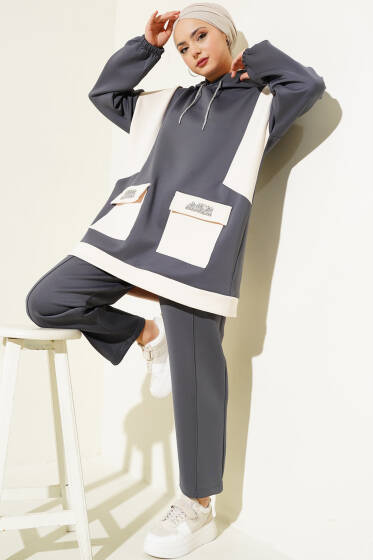 Cep Taşlı Granili Tunik Takım Füme - İkili Takım
