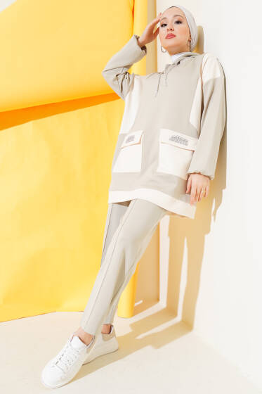 Cep Taşlı Granili Tunik Takım Gri - İkili Takım