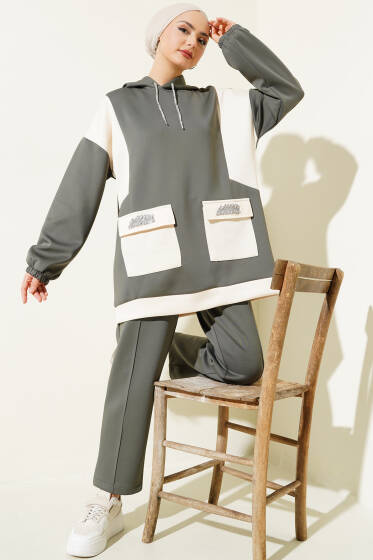 Cep Taşlı Granili Tunik Takım Haki - İkili Takım