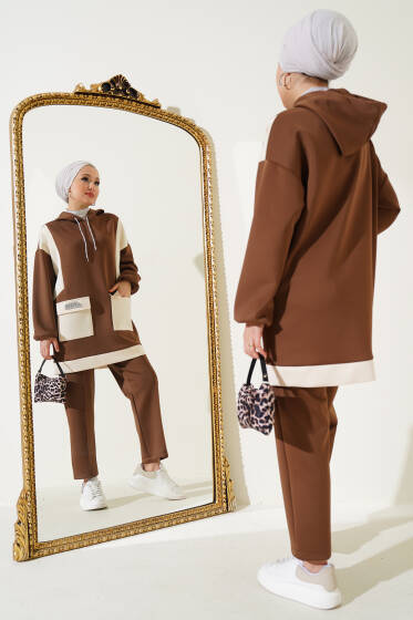 Cep Taşlı Granili Tunik Takım Kahve - İkili Takım