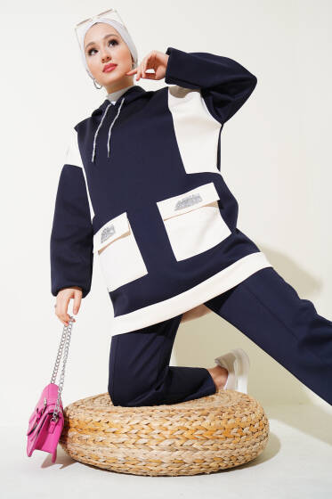 Cep Taşlı Granili Tunik Takım Lacivert - İkili Takım