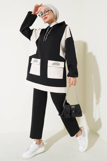 Cep Taşlı Granili Tunik Takım Siyah - İkili Takım