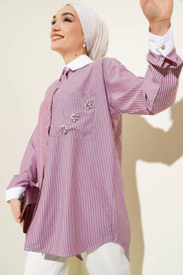 Cep Taşlı İnce Çizgili Gömlek Bordo - Gömlek