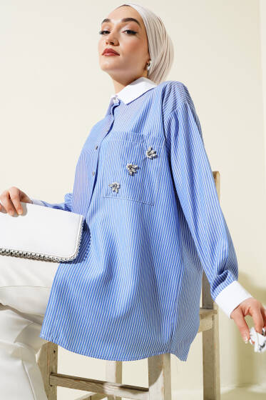 Cep Taşlı İnce Çizgili Gömlek Mavi - Gömlek