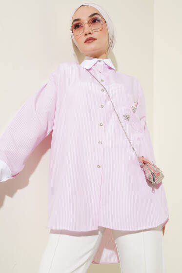 Cep Taşlı İnce Çizgili Gömlek Pembe - Gömlek