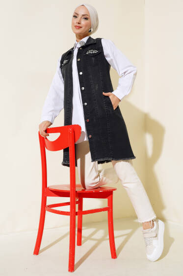 Cep Taşlı Kot Yelek Füme - Yelek