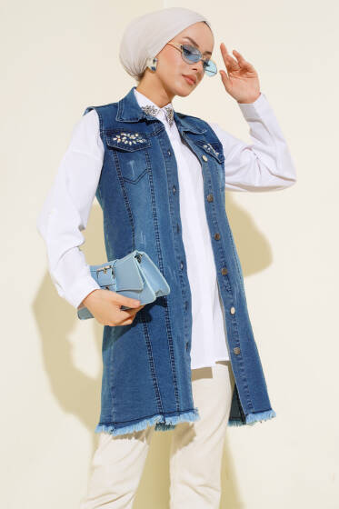 Cep Taşlı Kot Yelek Kot Mavisi - Yelek