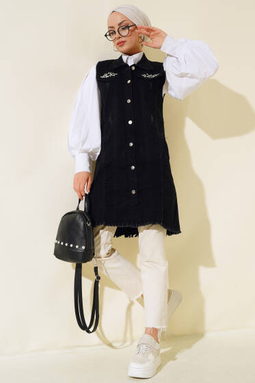 Cep Taşlı Kot Yelek Siyah - Yelek