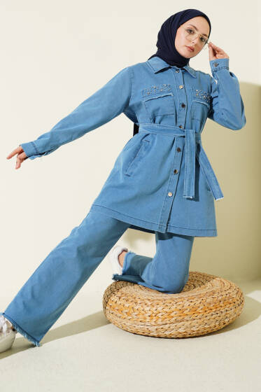 Cep Taşlı Kuşaklı Kot İkili Takım Açık Mavi - İkili Takım