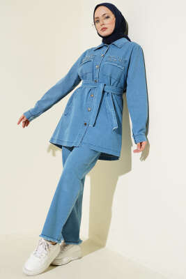 Cep Taşlı Kuşaklı Kot İkili Takım Açık Mavi - İkili Takım