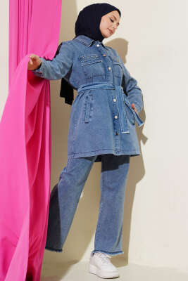 Cep Taşlı Kuşaklı Kot İkili Takım Kot Mavisi - TEGOE