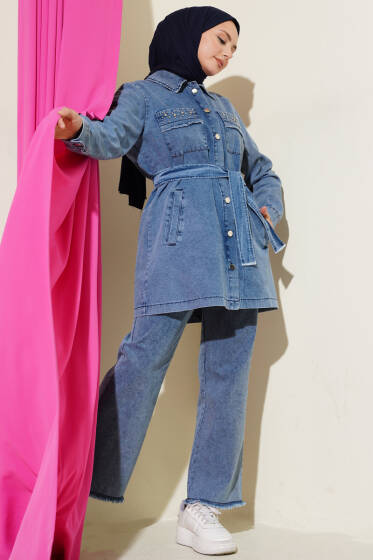 Cep Taşlı Kuşaklı Kot İkili Takım Kot Mavisi - İkili Takım