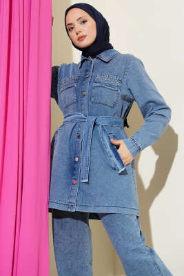 Cep Taşlı Kuşaklı Kot İkili Takım Kot Mavisi - İkili Takım