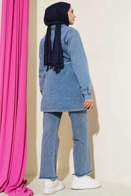 Cep Taşlı Kuşaklı Kot İkili Takım Kot Mavisi - İkili Takım