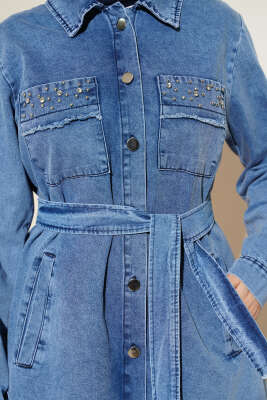 Cep Taşlı Kuşaklı Kot İkili Takım Kot Mavisi - İkili Takım