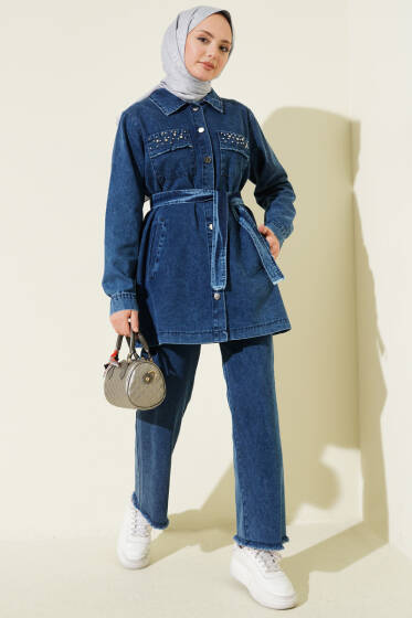 Cep Taşlı Kuşaklı Kot İkili Takım Koyu Mavi - İkili Takım