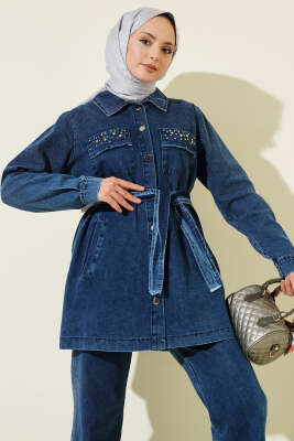 Cep Taşlı Kuşaklı Kot İkili Takım Koyu Mavi - İkili Takım