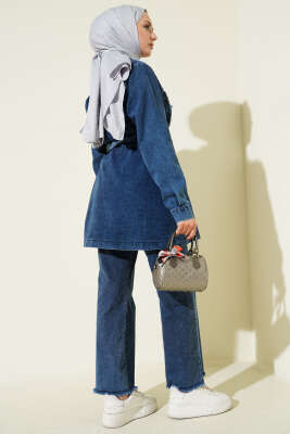 Cep Taşlı Kuşaklı Kot İkili Takım Koyu Mavi - İkili Takım