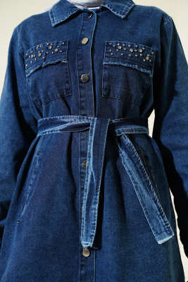 Cep Taşlı Kuşaklı Kot İkili Takım Koyu Mavi - İkili Takım