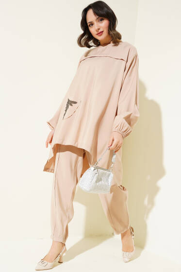 Cep Taşlı Salaş Tencel İkili Takım Bej - İkili Takım