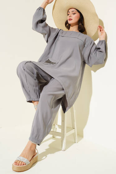 Cep Taşlı Salaş Tencel İkili Takım Gri - İkili Takım