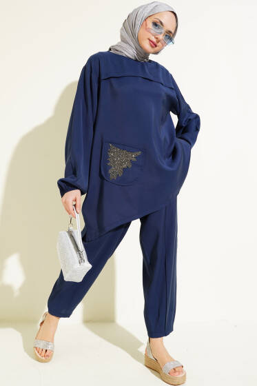 Cep Taşlı Salaş Tencel İkili Takım Lacivert - İkili Takım