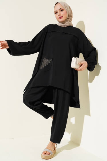 Cep Taşlı Salaş Tencel İkili Takım Siyah - İkili Takım