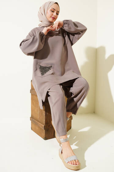 Cep Taşlı Salaş Tencel İkili Takım Vizon - İkili Takım