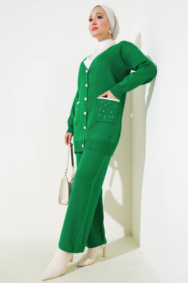 Cep Taşlı Triko İkili Takım Zümrüt - İkili Takım