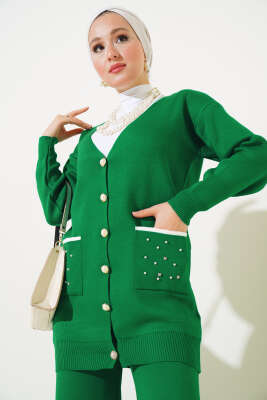 Cep Taşlı Triko İkili Takım Zümrüt - Triko İkili Takım