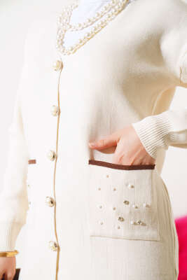 Cep Taşlı Triko İkili Takım Bej - Triko İkili Takım