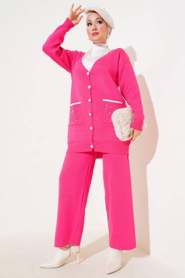 Cep Taşlı Triko İkili Takım Fuşya - İkili Takım