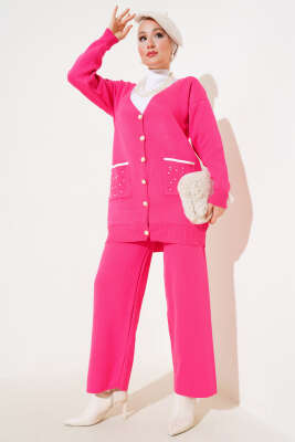 Cep Taşlı Triko İkili Takım Fuşya 