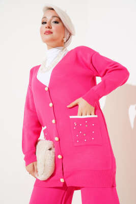 Cep Taşlı Triko İkili Takım Fuşya - Triko İkili Takım