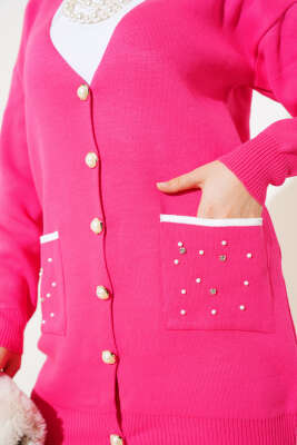 Cep Taşlı Triko İkili Takım Fuşya - Triko İkili Takım