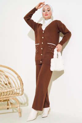 Cep Taşlı Triko İkili Takım Kahve - Triko İkili Takım