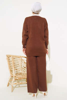 Cep Taşlı Triko İkili Takım Kahve - Triko İkili Takım
