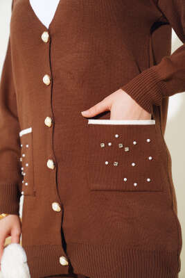 Cep Taşlı Triko İkili Takım Kahve - Triko İkili Takım